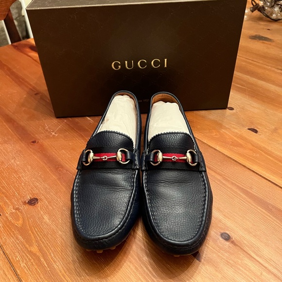 Mens Like New Navy Pebbled Leather Gucci Horsebit Driving Shoe w/ box size 8.5 - Picture 1 of 9